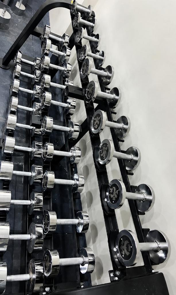 Fully Stocked Chrome & Rubber Hex Dumbbell Rack
